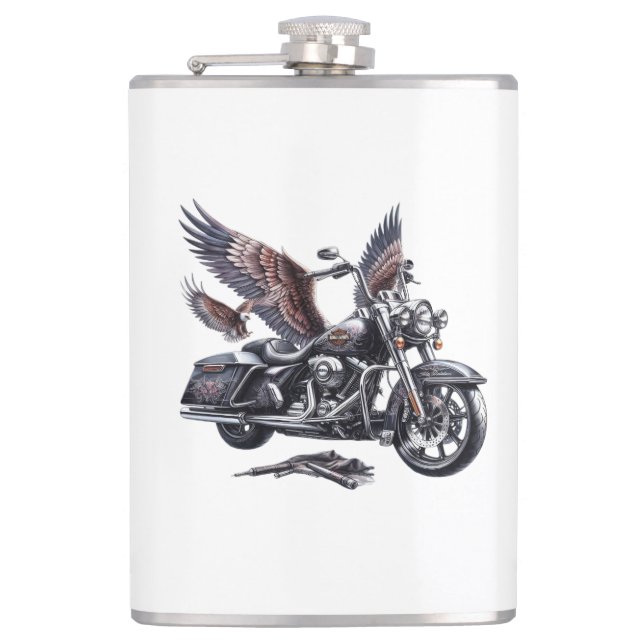 Winged Harley-Davidson Motorcycle Watercolor Illus Flask (Front)