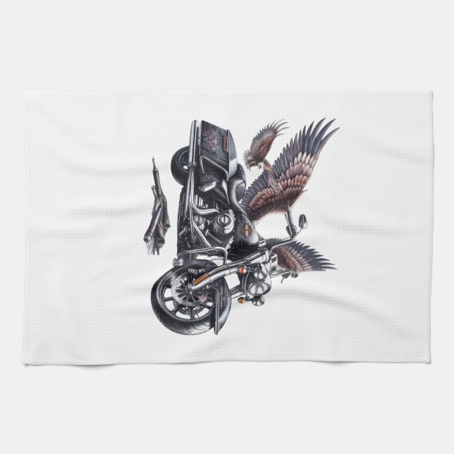 Winged Harley-Davidson Motorcycle Watercolor Illus Kitchen Towel (Horizontal)
