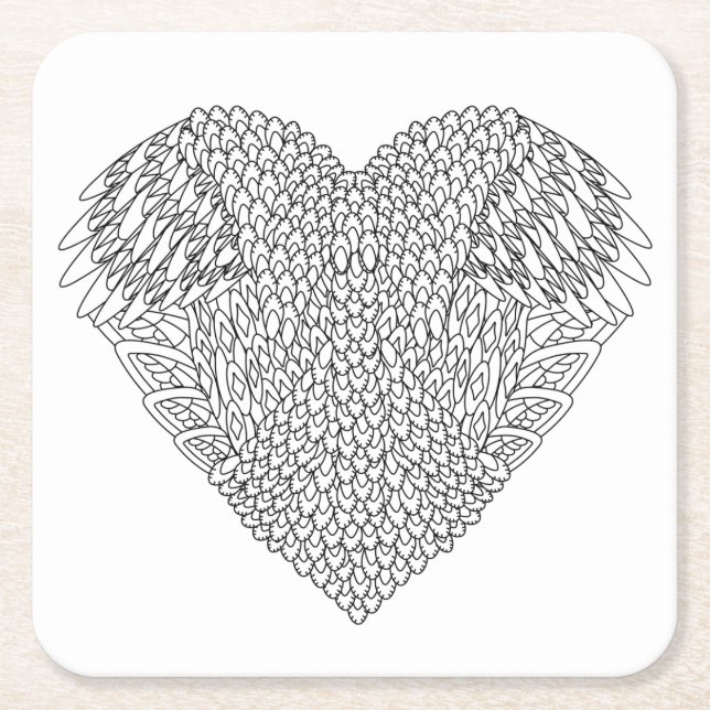 Winged Heart Doodle Square Paper Coaster (Front)