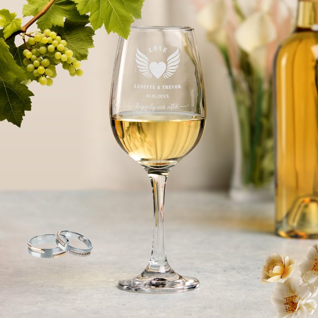 Winged Heart Love Wedding Etched Wine Glass (Personalized etched wine glass featuring a winged heart -  wedding keepsake or an anniversary gift)