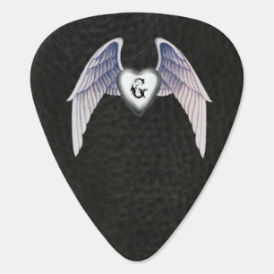 Winged Heart Monogram Black Leather Guitar Pick