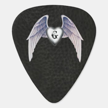 Winged Heart Monogram Black Leather Guitar Pick by TheInspiredEdge at Zazzle