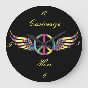 Winged Hippie Peace Symbol Thunder_Cove Large Clock