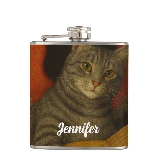 Winged Musician Cat Playing Lute Art               Flask (Front)
