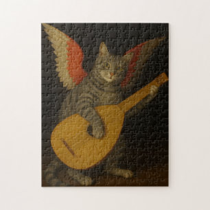 Winged Musician Cat Playing Lute Art Jigsaw Puzzle