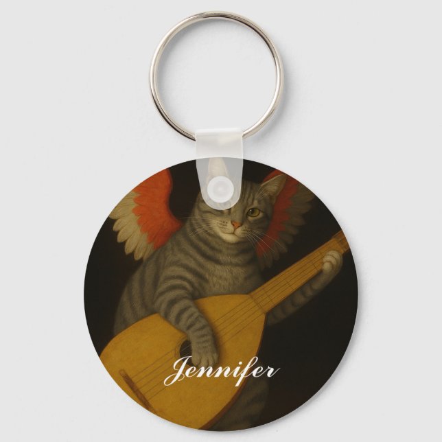 Winged Musician Cat Playing Lute Art               Keychain (Front)