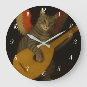 Winged Musician Cat Playing Lute Art Large Clock