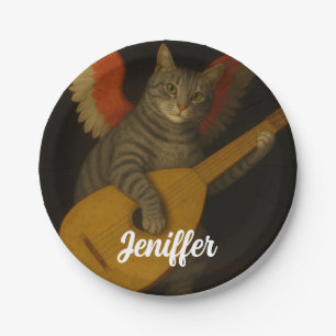 Winged Musician Cat Playing Lute Art               Paper Plates