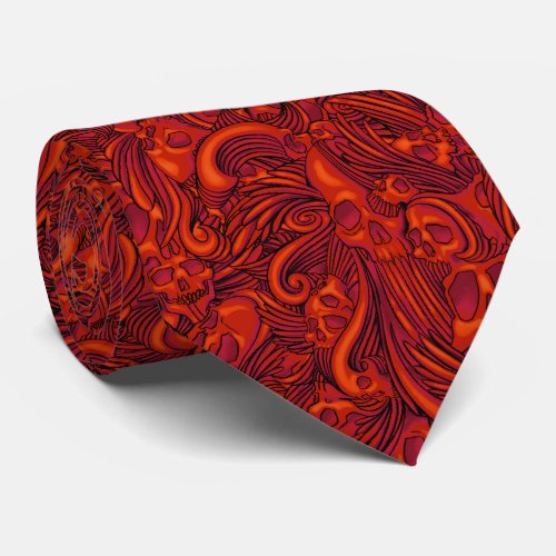 Winged Skull Gothic Illustration Red Two_side Neck Tie