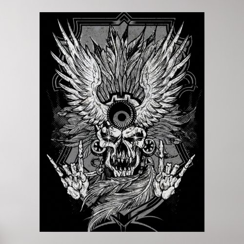 WINGED SKULL INDIAN HEADDRESS BIKER DESIGN POSTER