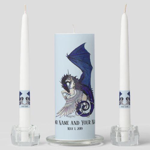 WINGED unicorn and Dragon Personalized color Unity Candle Set