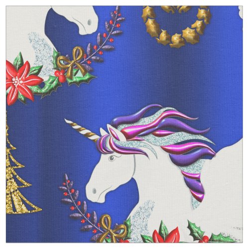 Winged Unicorn Blue Christmas Fabric