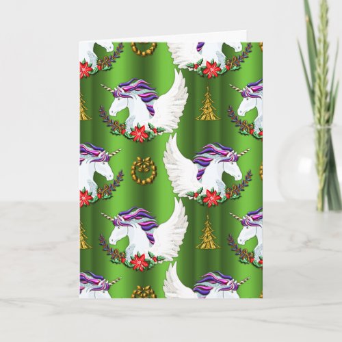 Winged Unicorn Green Christmas Card