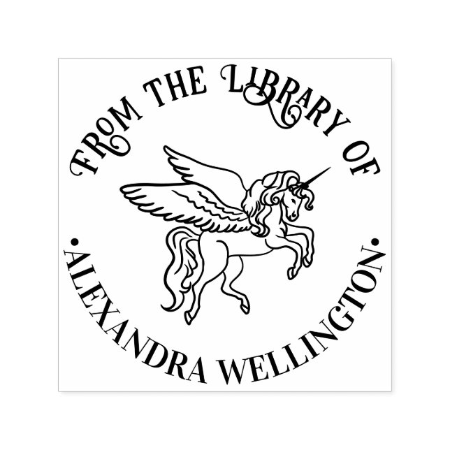 Winged Unicorn Line Art Round Library Book Name Self-inking Stamp (Design)