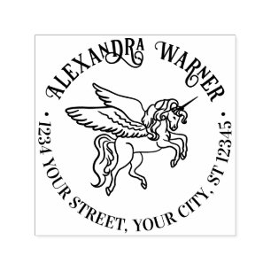 Winged Unicorn Line Art Round Name Return Address  Self-inking Stamp
