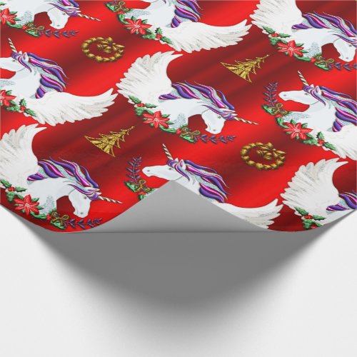 Winged Unicorn Red Christmas Wrapping Paper