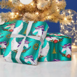 Winged Unicorn Teal Christmas Wrapping Paper