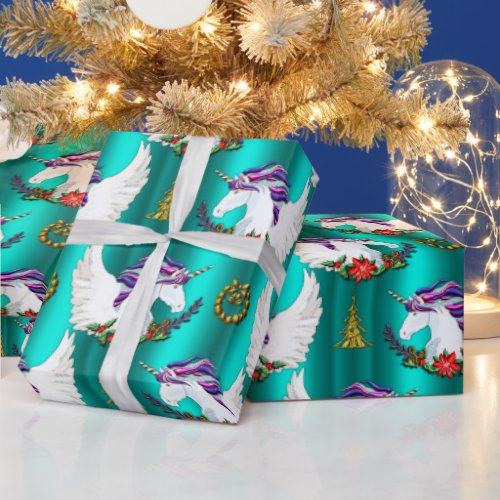 Winged Unicorn Teal Christmas Wrapping Paper