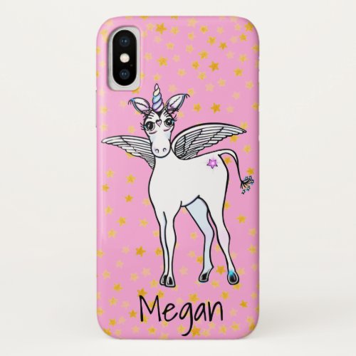 Winged Unicorn with gold sparkling stars iPhone X Case