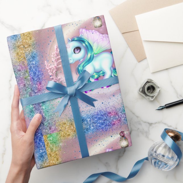 Winged Unicorns and Rainbow Glitter Pink Wrapping Paper (Creator Uploaded)