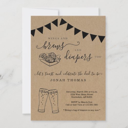 Wings and Brews and Diapers Too Mens Baby Shower Invitation