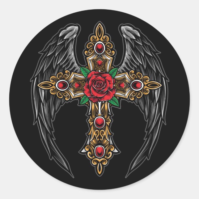 Wings Crucifix and Flowers Classic Round Sticker (Front)