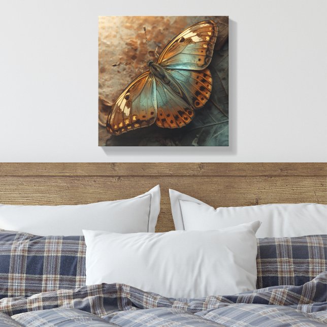 Wings of Change | Iridescent Butterfly Stretched Canvas Print (Insitu(Bedroom))