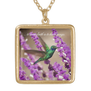 Wings of Faith Sparkling Violet-ears Hummingbird Gold Plated Necklace