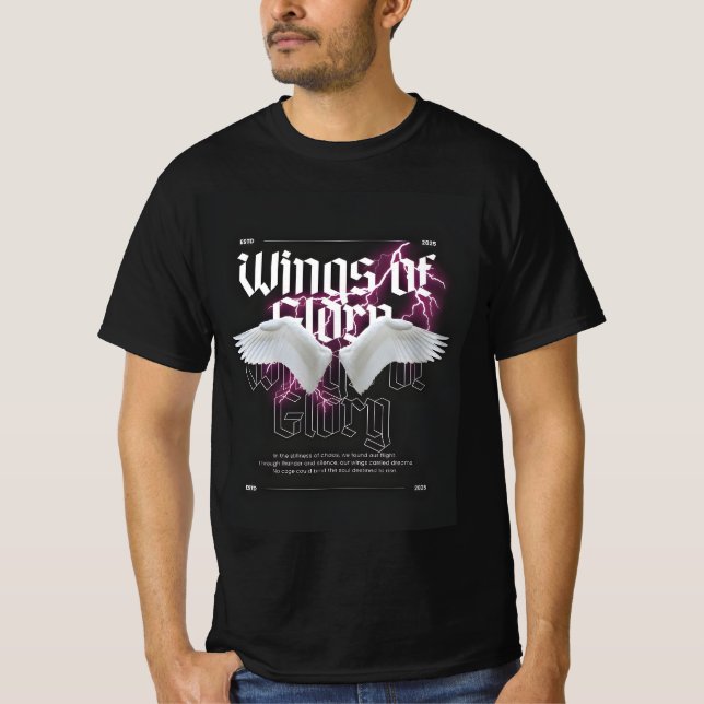 Wings of Glory - Modern Neon Angel Wings Typograph T-Shirt (Front)
