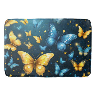 Wings of Joy: Blue and Yellow Flying Butterflies, Bath Mat
