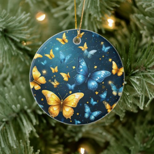 Wings of Joy: Blue and Yellow Flying Butterflies, Ceramic Ornament