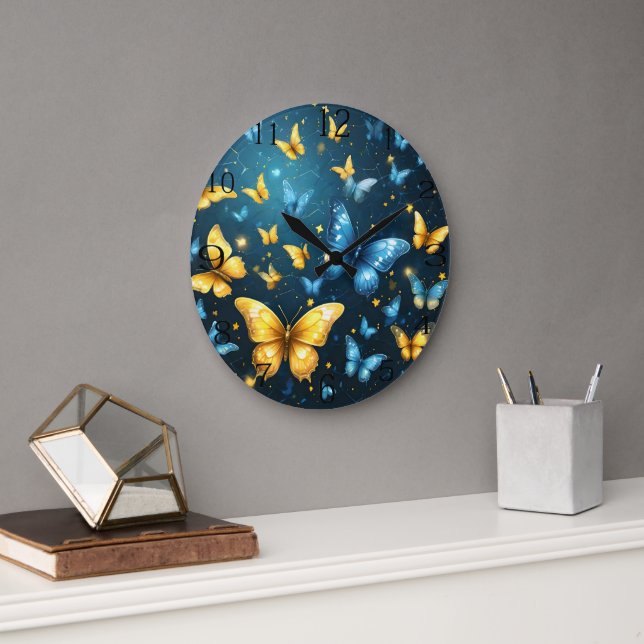 Wings of Joy: Blue and Yellow Flying Butterflies Large Clock (Office)