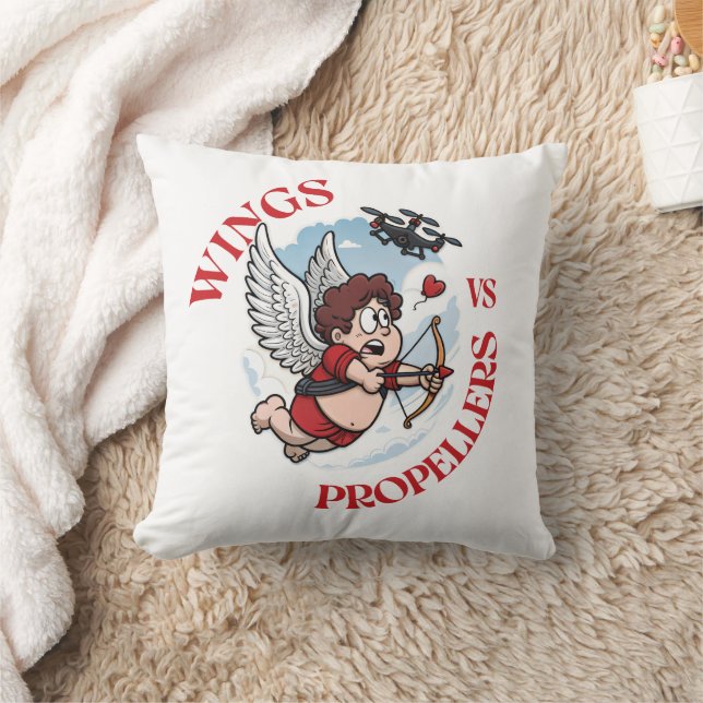 Wings vs Propellers, Cupidon vs Drone, Valentine’s Throw Pillow (Blanket)