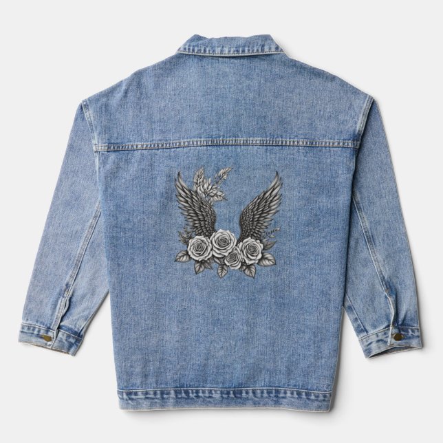 Wings With Flower’s Jacket. Aesthetic Flower Wings Denim Jacket (Back)