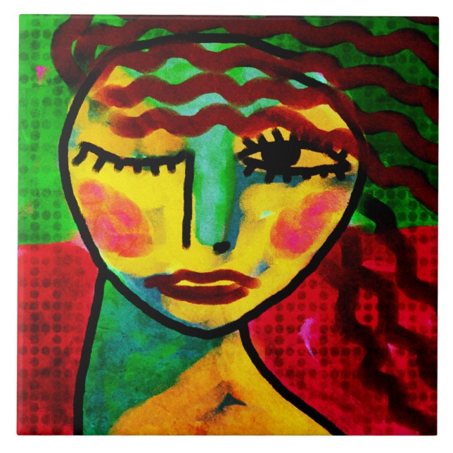 Wink Abstract Digital Portrait of a Woman Ceramic Tile (Front)