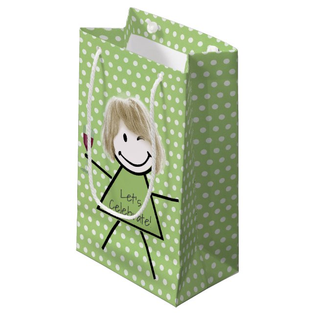 Winking Birthday Stick Girl On Polka Dots  Small Gift Bag (Front Angled)