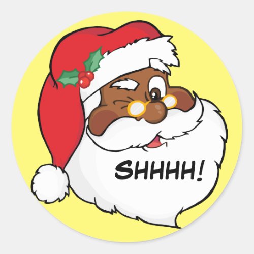 Winking Black Santa Keeping Christmas Secrets Classic Round Sticker