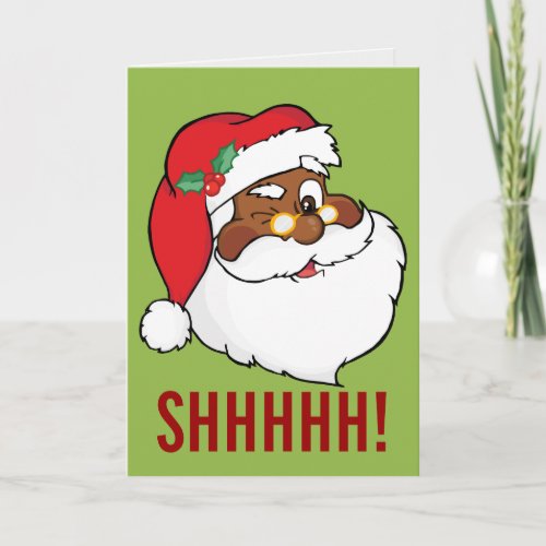 Winking Black Santa Keeping Christmas Secrets Holiday Card