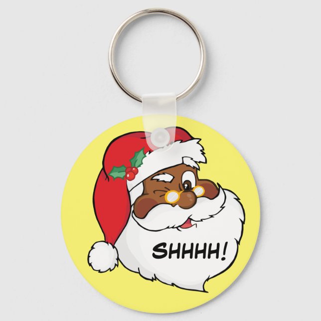 Winking Black Santa Keeping Christmas Secrets Keychain (Front)