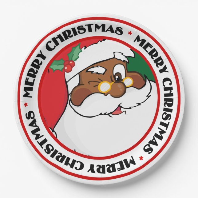 Winking Black Santa Keeping Christmas Secrets Paper Plates (Front)