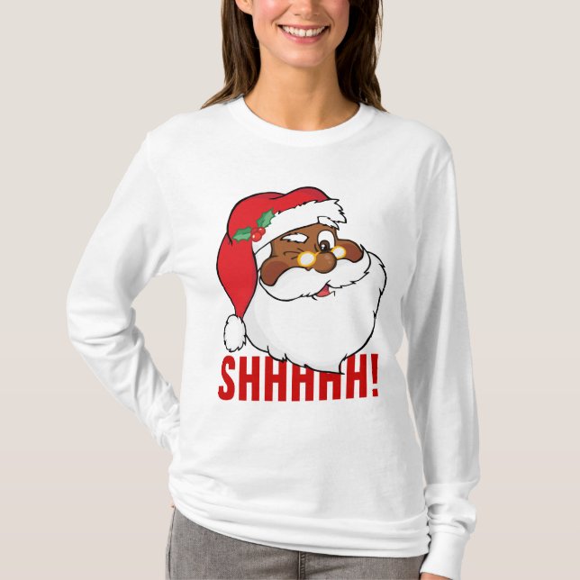Winking Black Santa Keeping Christmas Secrets T-Shirt (Front)