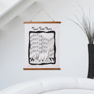 Winking Cat on Piano Keys Bars Music Notes Frame Hanging Tapestry