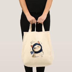 Winking Cat with Cozy Knit Scarf Tote Bag