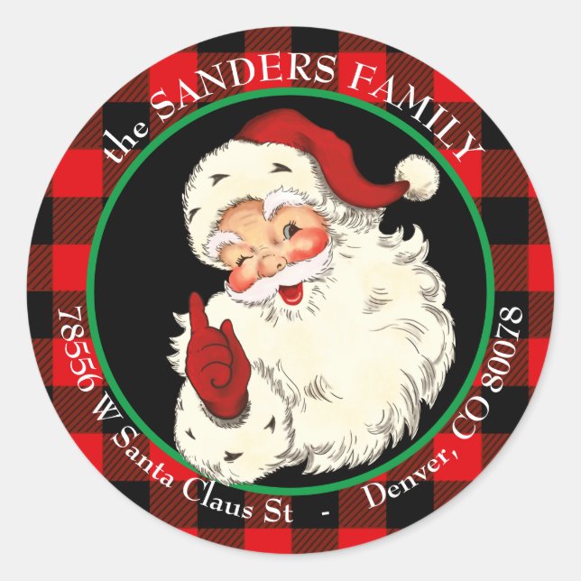Winking Classic Santa Claus Buffalo Plaid Frame Classic Round Sticker (Front)