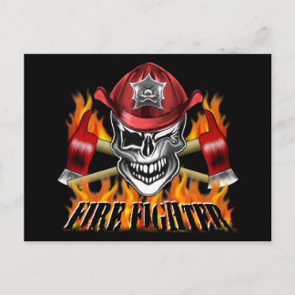 Winking Firefighter Skull and flaming Axes Postcard