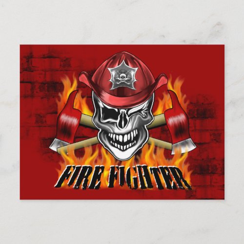 Winking Firefighter Skull and flaming Axes Postcard