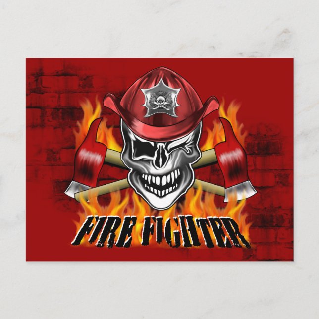 Winking Firefighter Skull and flaming Axes Postcard (Front)