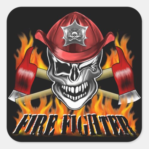 Winking Firefighter Skull and flaming Axes Square Sticker