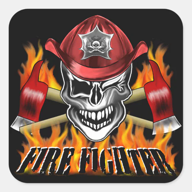 Winking Firefighter Skull and flaming Axes Square Sticker | Zazzle