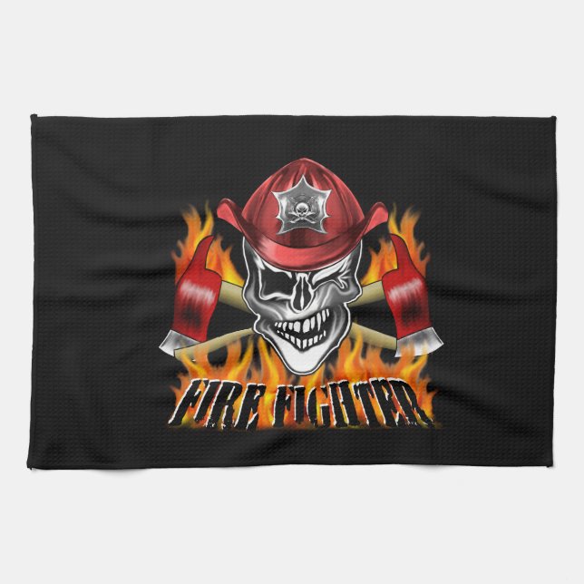 Winking Firefighter Skull and flaming Axes Towel (Horizontal)
